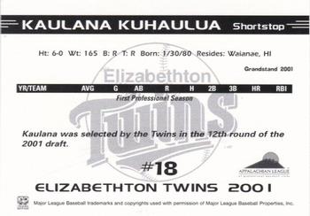2001 Grandstand Elizabethton Twins #NNO Kaulana Kuhaulua Back