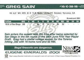 2001 Grandstand Eugene Emeralds #NNO Greg Sain Back