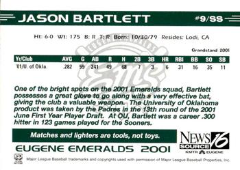 2001 Grandstand Eugene Emeralds #NNO Jason Bartlett Back