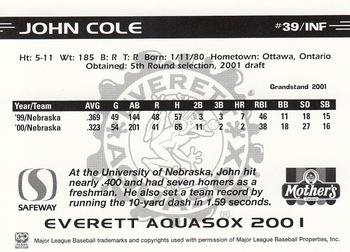 2001 Grandstand Everett AquaSox #39 John Cole Back