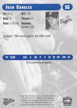 2001 Grandstand Great Falls Dodgers #3 Josh Canales Back