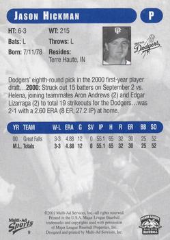 2001 Grandstand Great Falls Dodgers #9 Jason Hickman Back