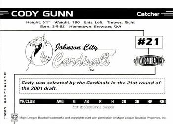 2001 Grandstand Johnson City Cardinals #NNO Cody Gunn Back