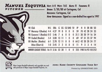 2001 Grandstand Kane County Cougars #8 Manuel Esquivia Back
