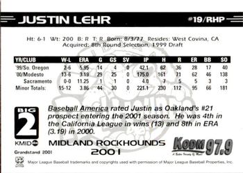 2001 Grandstand Midland RockHounds #19 Justin Lehr Back