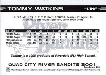 2001 Grandstand Quad City River Bandits #NNO Tommy Watkins Back