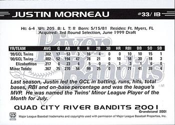 2001 Grandstand Quad City River Bandits #NNO Justin Morneau Back