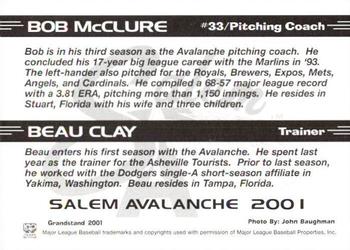 2001 Grandstand Salem Avalanche #NNO Bob McClure / Beau Clay Back