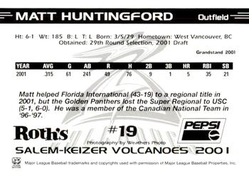 2001 Grandstand Salem-Keizer Volcanoes #19 Matt Huntingford Back