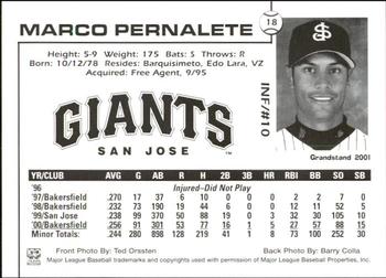 2001 Grandstand San Jose Giants #18 Marco Pernalete Back