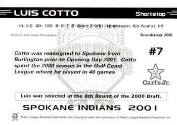 2001 Grandstand Spokane Indians #NNO Luis Cotto Back