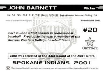 2001 Grandstand Spokane Indians #NNO John Barnett Back