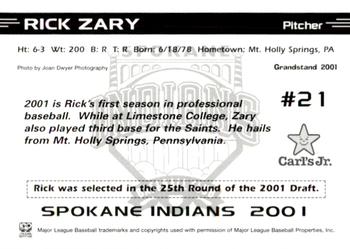 2001 Grandstand Spokane Indians #NNO Rick Zary Back