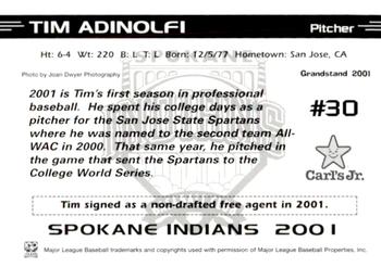 2001 Grandstand Spokane Indians #NNO Tim Adinolfi Back