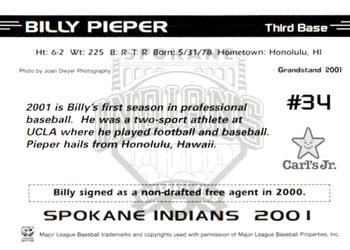 2001 Grandstand Spokane Indians #NNO Billy Pieper Back