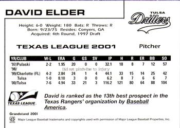 2001 Grandstand Texas League Top Prospects #NNO David Elder Back