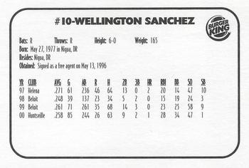 2001 Huntsville Stars #NNO Wellington Sanchez Back