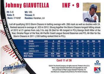 2014 Brandt Omaha Storm Chasers #11 Johnny Giavotella Back