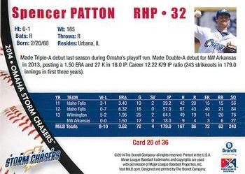 2014 Brandt Omaha Storm Chasers #20 Spencer Patton Back