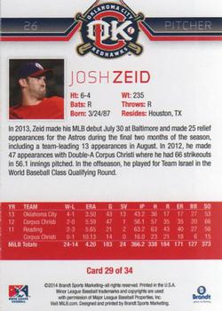 2014 Brandt Oklahoma City RedHawks #29 Josh Zeid Back