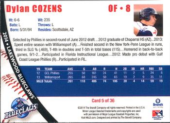 2014 Brandt Lakewood BlueClaws #5 Dylan Cozens Back