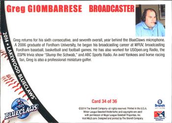 2014 Brandt Lakewood BlueClaws #34 Greg Giombarrese Back