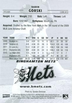 2014 Choice Binghamton Mets #10 Darin Gorski Back