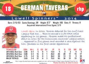 2014 Grandstand Lowell Spinners #NNO German Taveras Back