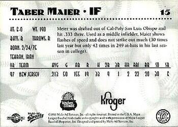 1998 Multi-Ad Peoria Chiefs SGA #15 Taber Maier Back
