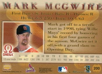 1998 Pacific Omega - Red #200 Mark McGwire Back