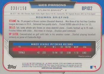 2015 Bowman - Prospects Blue #BP102 Wes Parsons Back