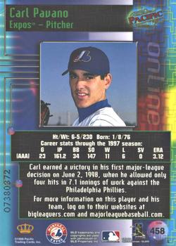 1998 Pacific Online - Web Cards #458 Carl Pavano Back