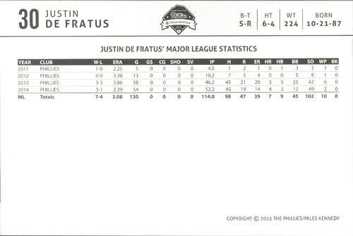 2015 Philadelphia Phillies Photocards #NNO Justin De Fratus Back