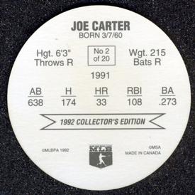 1992 Ben's Super Hitters Discs #2 Joe Carter Back