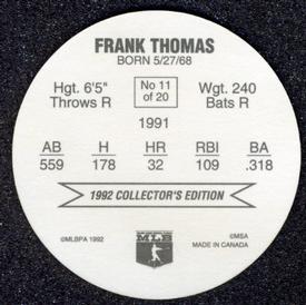 1992 Ben's Super Hitters Discs #11 Frank Thomas Back