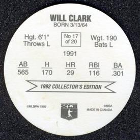 1992 Ben's Super Hitters Discs #17 Will Clark Back