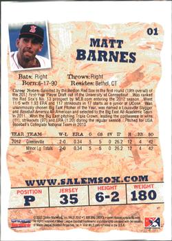 2012 Choice Salem Red Sox #01 Matt Barnes Back