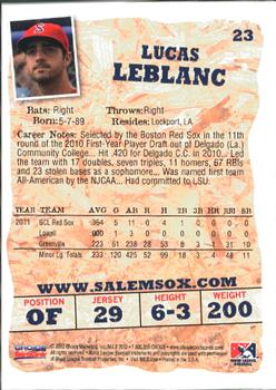 2012 Choice Salem Red Sox #23 Lucas LeBlanc Back