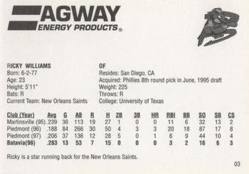 2001 Agway Batavia Muckdogs 1990s Stars #03 Ricky Williams Back