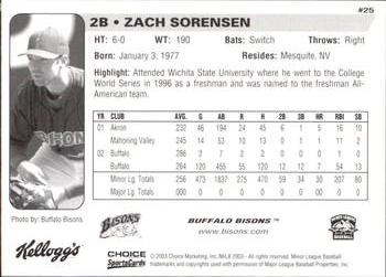 2003 Choice Buffalo Bisons #25 Zach Sorensen Back