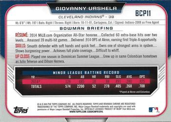 2015 Bowman - Chrome Prospects Black Refractors (Asia) #BCP11 Giovanny Urshela Back