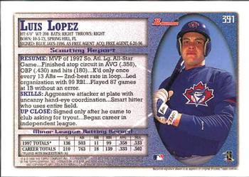 1998 Bowman #391 Luis Lopez Back