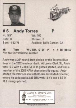 2002 Auburn Doubledays #NNO Andy Torres Back