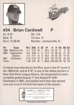 2002 Auburn Doubledays #NNO Brian Cardwell Back
