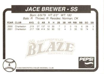 2002 Bakersfield Blaze #4 Jace Brewer Back