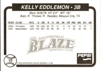 2002 Bakersfield Blaze #10 Kelly Eddlemon Back