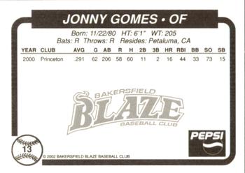 2002 Bakersfield Blaze #13 Jonny Gomes Back