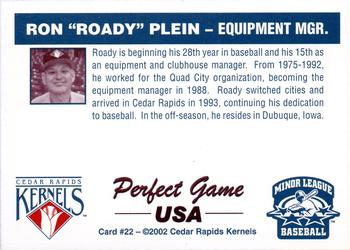 2002 Perfect Game Cedar Rapids Kernels #22 Ron Plein Back