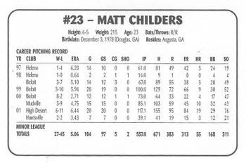 2002 Huntsville Stars #NNO Matt Childers Back