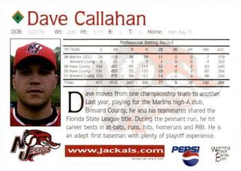 2002 Warning Track New Jersey Jackals #4 Dave Callahan Back